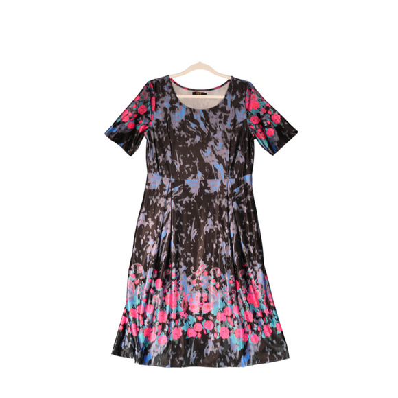 R & B Collection Dress Womens Large Black Watercolor Floral Artsy Stretch Boho - Picture 1 of 12